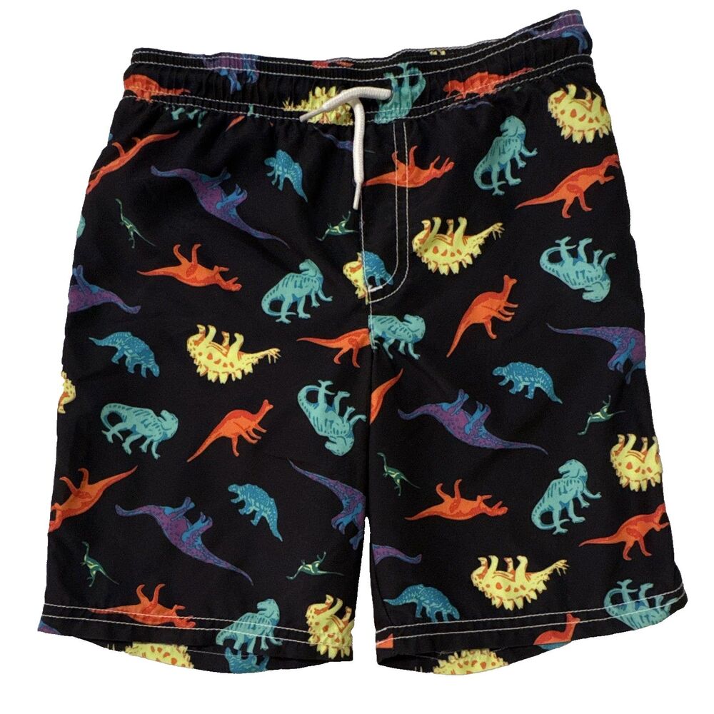 Carter's Boys Dinosaur Print Swim Trunks 7/7A Black Multi Drawstring Lined